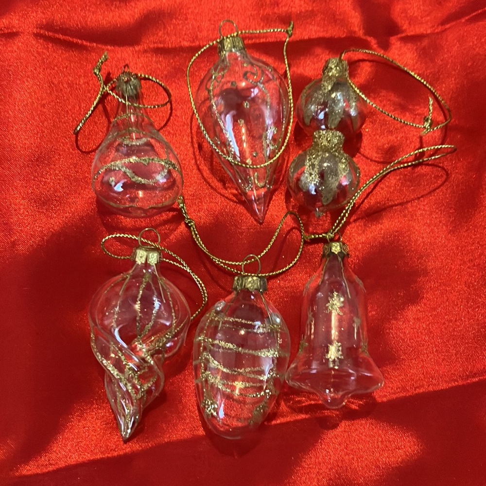 Vintage Glass Christmas Tree Ornaments 6 Small Clear Glass with Gold Glitter